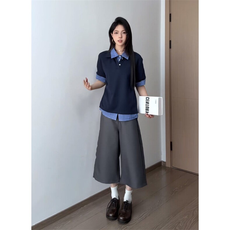 BK911LL-特P35假两件格纹拼接POLO衫男女夏季短袖T恤图片
