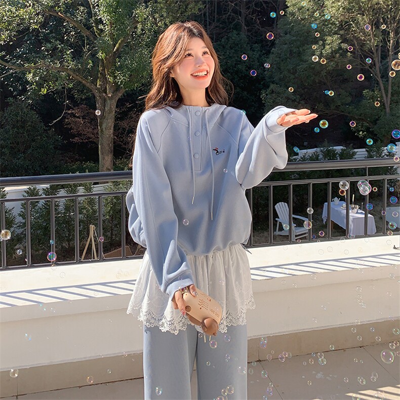 现货--蕾丝边拼接蓝色卫衣运动套装女春秋2025新款两件套,女装套装/套裙,帛锦泉