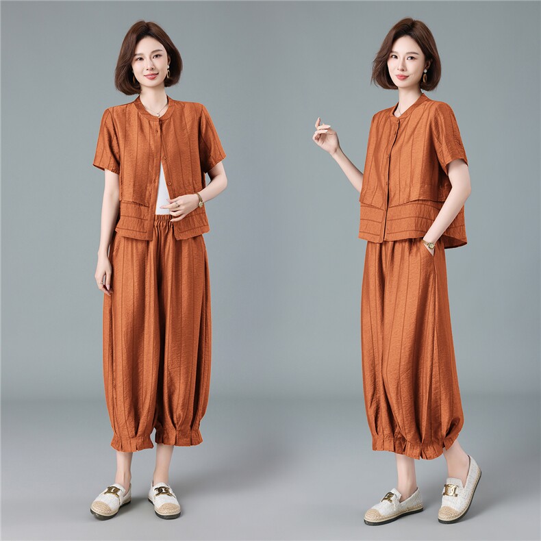 现货2026夏季新款宽松大码减龄莱赛尔衬衫灯笼裤两件套,女装套装/套裙,深水步