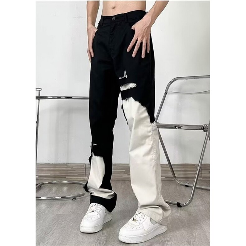 美式高街vibe黑白拼接裤男潮牌破坏微喇叭休闲直筒裤L60411-p48图片