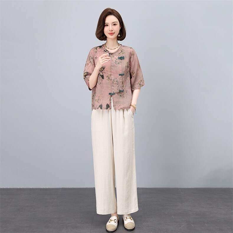 中式复古盘扣苎麻印花2025年夏装新款高端面料套装,女装套装/套裙,凝聚力