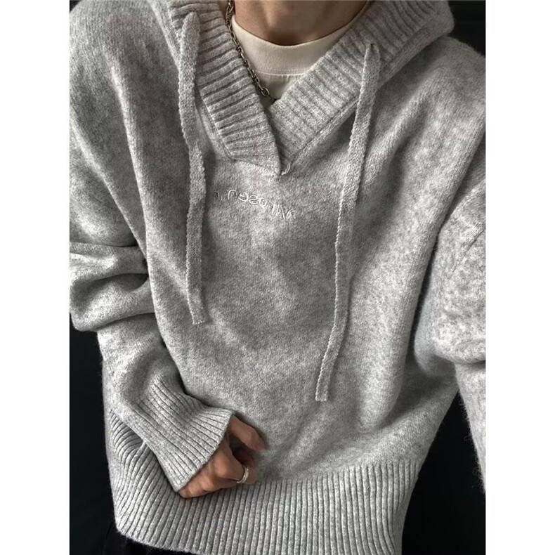 美式针织套头衫男秋潮牌慵懒风连帽毛衣宽松复古情侣线衣，男装针织衫/毛衣，星座506A