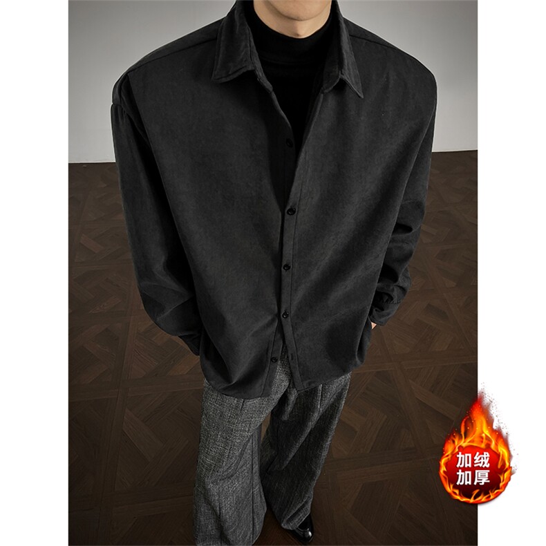 冬季纯色桃皮绒加绒复古保暖日系休闲衬衣男5D3075-TP3569，男装衬衫，电商A102