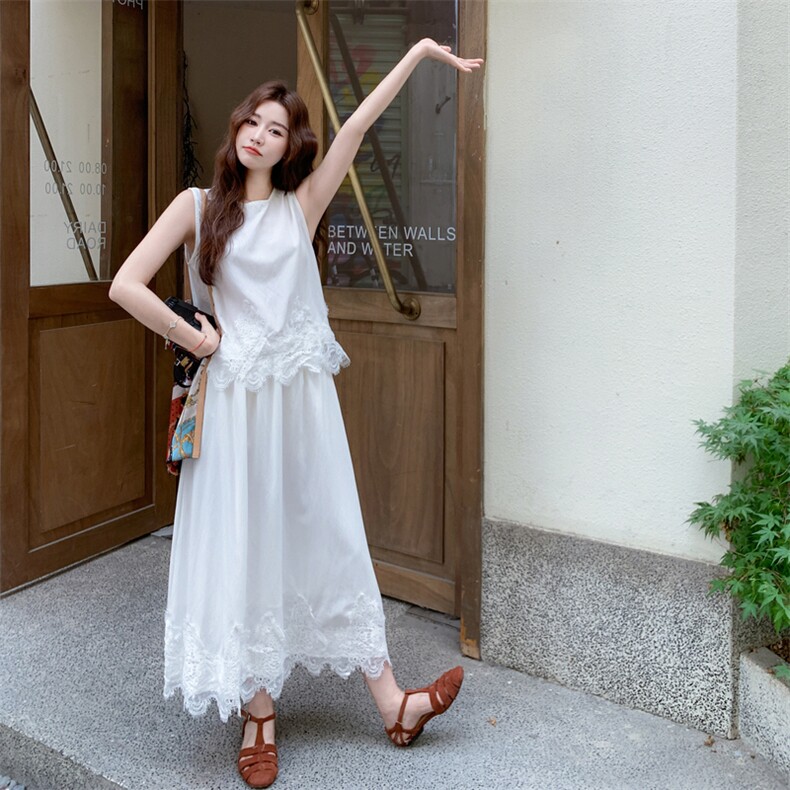 黄色蕾丝拼接背心套装裙女2025年夏季日系文艺风百搭半身裙两件套,女装套装/套裙,浙宝210（原浙宝191）