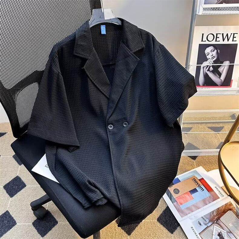 西装领华夫格短袖衬衫百搭新款流行无品牌原宿潮流日系3144P36,男装衬衫,星座410-2
