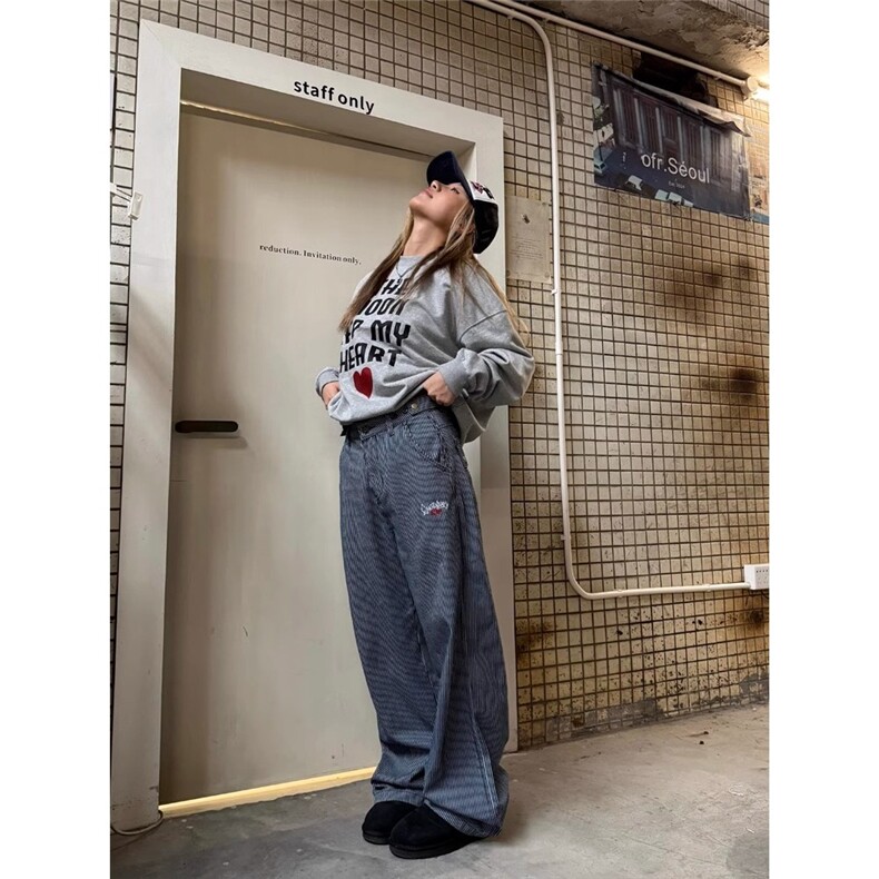 阔腿条纹工装牛仔裤女2025春秋新款高腰显瘦直筒弯刀裤子NZ1224,男装牛仔裤,星座516A
