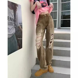 棕色破洞美式随性辣妹复古做旧大破洞直筒牛仔裤女潮搭春季阔腿裤图片