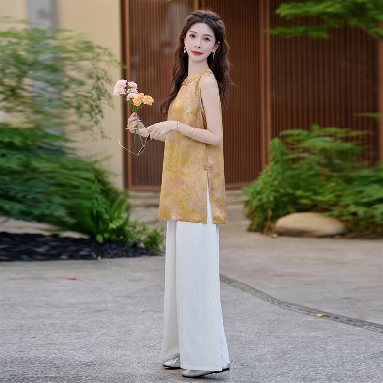 阔腿裤套装女夏新款高级感小个子新新中式时尚盘扣印花上衣两件套,女装套装/套裙,意芙