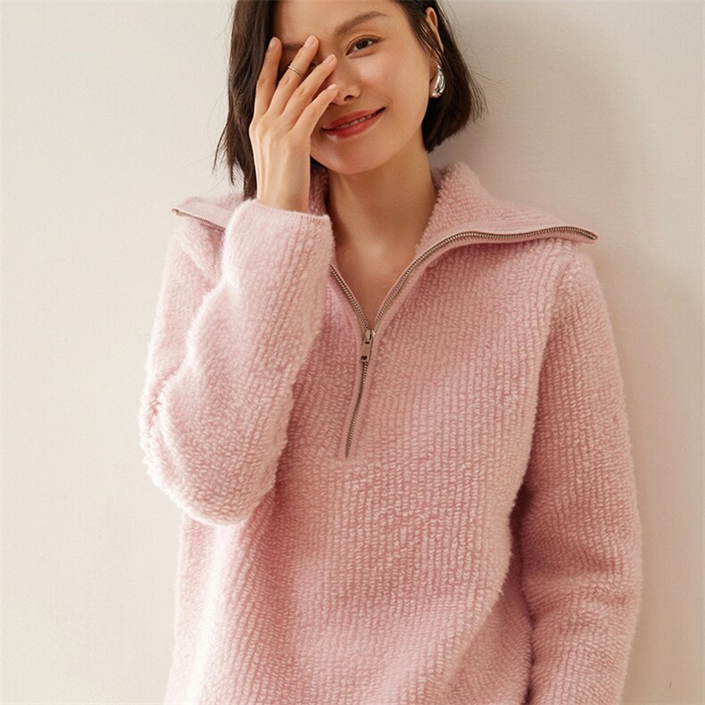 2024年秋冬季35%羊绒半拉链宽松毛巾绣羊绒衫，女装羊绒衫，绒创羊绒