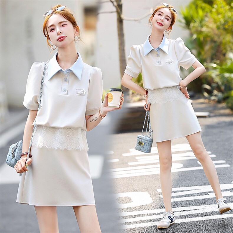 时尚休闲polo领套装裙女2025夏新款减龄蕾丝拼接洋气半身裙两件套，女装套装/套裙，歌伊格美