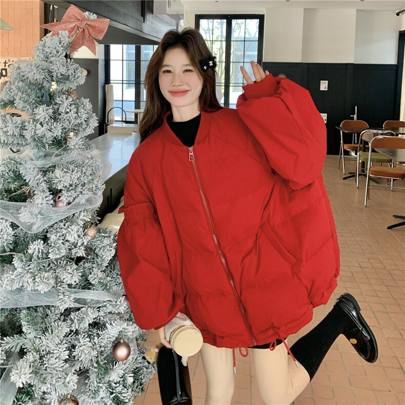 新年红色花边棒球羽绒服女2025新款韩版加厚宽松休闲90白鸭绒外套，女装羽绒服，维壹