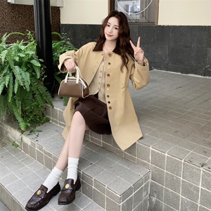 灯芯绒领工装风衣外套女春秋2025新款中长款流行高级感学院风大衣图片