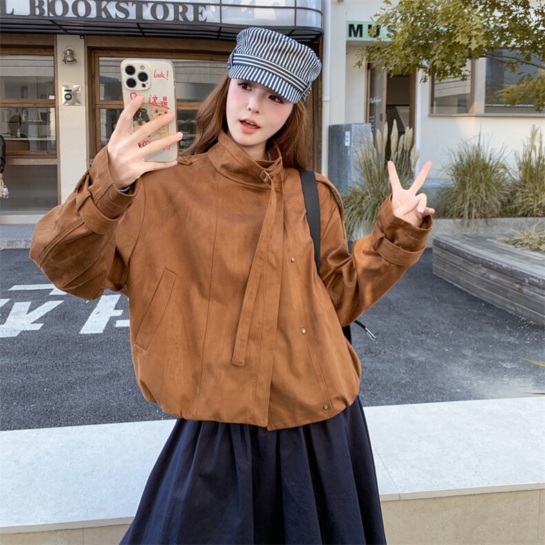 美拉德棕色麂皮绒外套女2025新款秋季韩系巨好看的短款夹克上衣,女装短外套,浪娴服饰