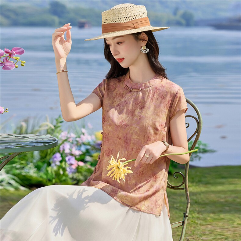 2026夏装新款新中式盘扣提花人丝上衣女加米白色显瘦气质两件套裙，女装套装/套裙，贝蕾酷儿