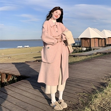 粉色茧型宽松羊毛双面羊绒大衣女冬新款高级感长过膝加厚毛呢外套，女装羊绒大衣，2C056