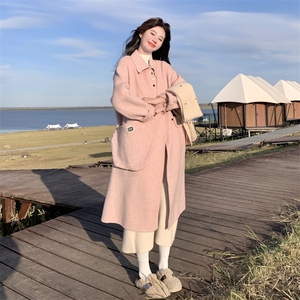 粉色茧型宽松羊毛双面羊绒大衣女冬新款高级感长过膝加厚毛呢外套图片