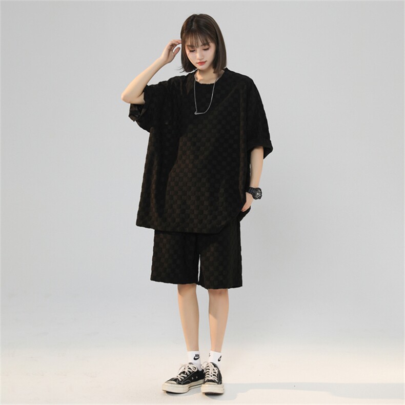 TZ84647/P60夏季新款格子短袖短裤t恤休闲宽松大码两件套套装男,男装休闲套装,电商A141
