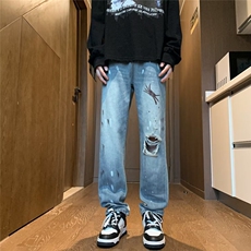 做旧破洞牛仔裤男秋季新款美式高街直筒宽松潮牌裤子RK990-P46，男装牛仔裤，星座412-3