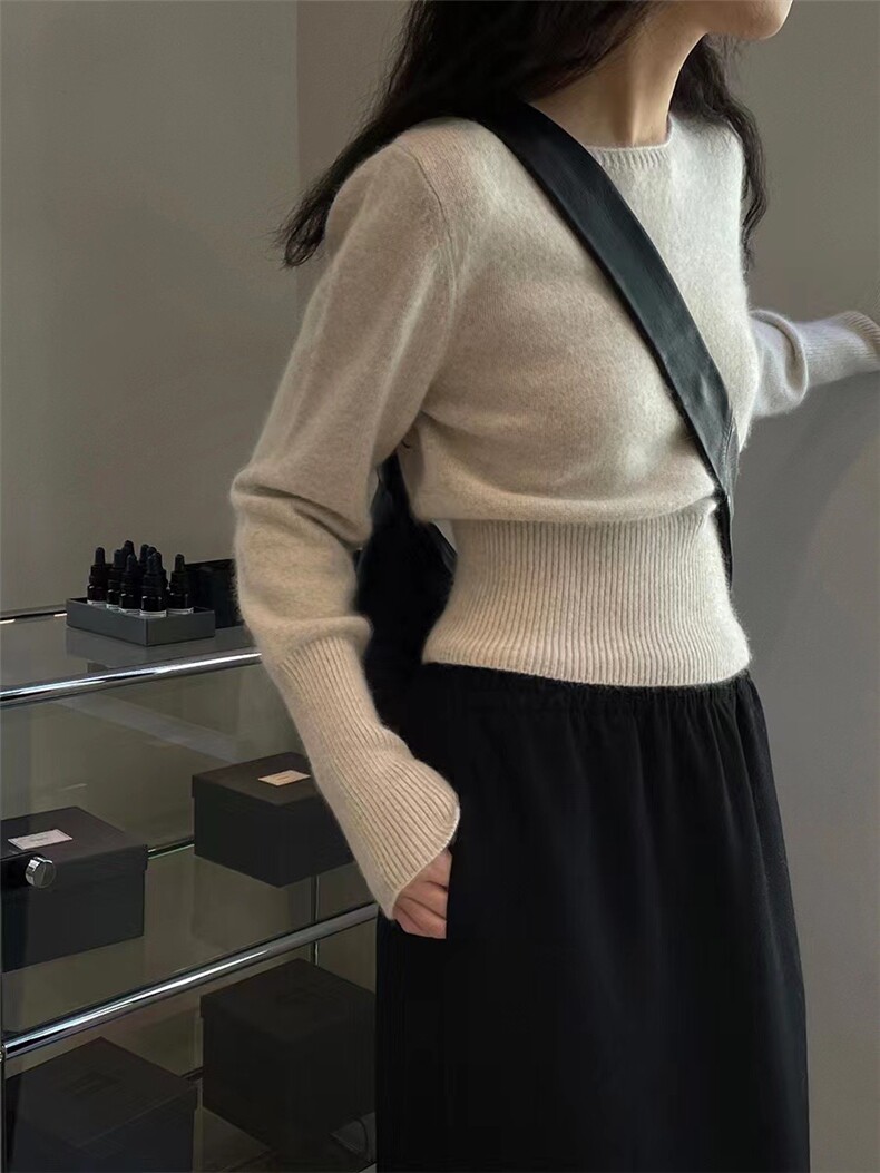 气质高腰短款针织衫女秋冬宽松显瘦小个子毛衣圆领羊毛打底衫,针织衫/毛衣,千御纺羊绒