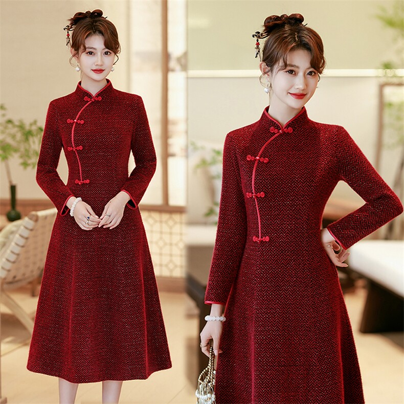 新中式风立领加厚针织改良版宴会礼服旗袍827P155,女装汉服/婚纱/旗袍/礼服,乐衣轩