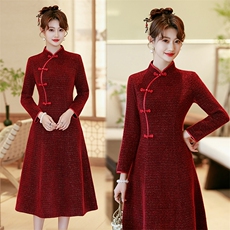 新中式风立领加厚针织改良版宴会礼服旗袍827P155，女装汉服/婚纱/旗袍/礼服，乐衣轩