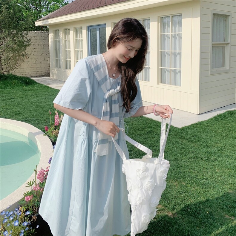 蓝色条纹披肩连衣裙女夏季2025新款小个子宽松韩系爆款衬衫裙流行,女装连衣裙,蝶眷