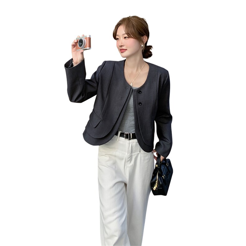 假两件设计感短外套女2025秋季新款小香风超好看气质圆领西装外套,女装短外套,1C151