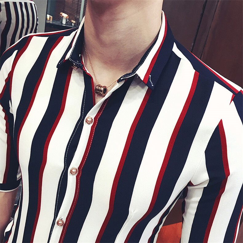 Y8450-夏季清凉时尚麻男条纹中袖衬衫七分袖衬衣潮大码衬衣P35,男装衬衫,星座717A
