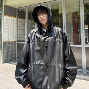 港风 秋装潮美式复古压印立体情侣卫衣PU皮衣外套男女G1066 P78图片