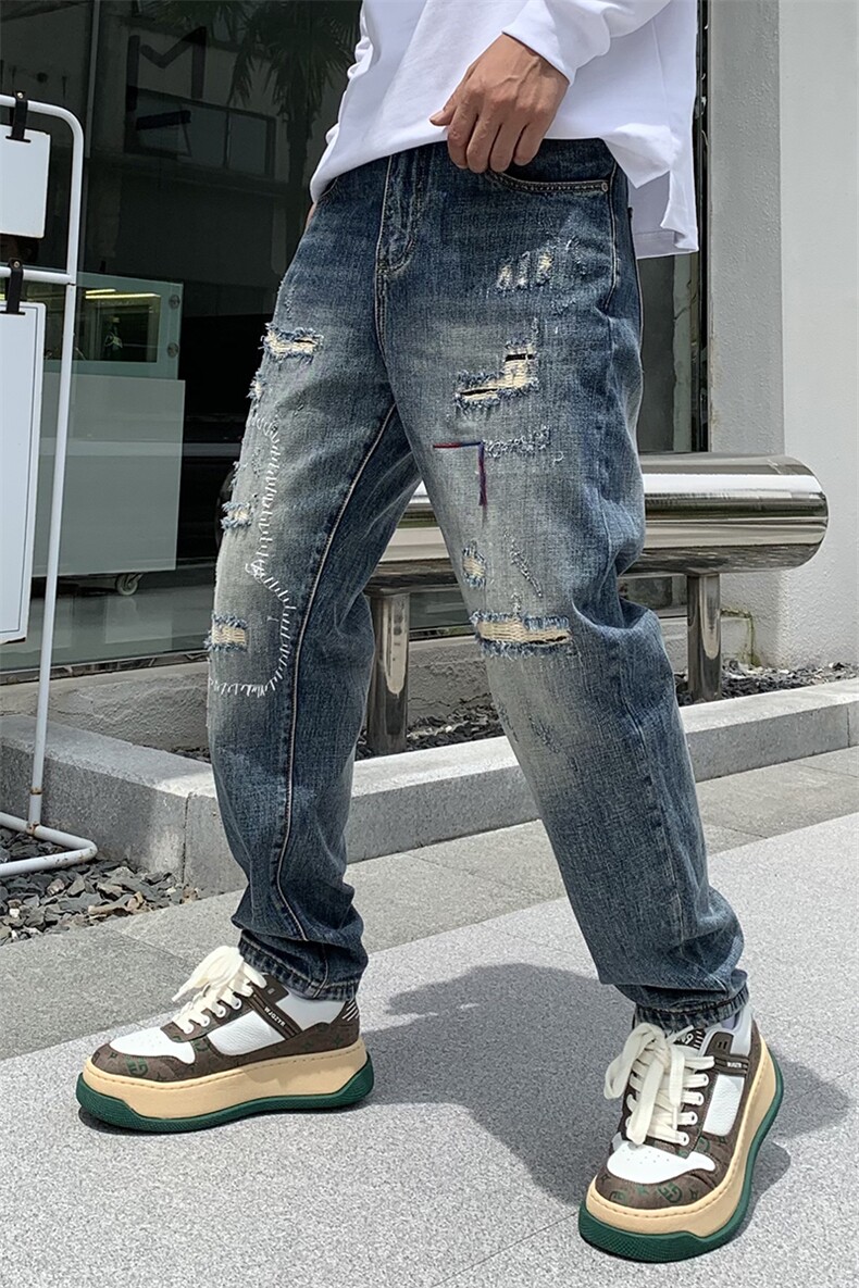 B230档2025秋冬新款破洞补丁个性刺绣宽松直筒牛仔裤9090P100,男装牛仔裤,电商B230