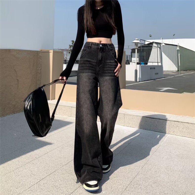 美式复古直筒牛仔裤女秋冬季2025新款黑灰色高腰显瘦宽松拖地裤子,男装牛仔裤,星座506A