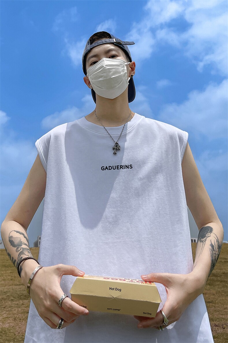 港风23新款夏季时尚百搭宽松圆领纯棉无袖短袖T恤DT65002P25控38,男装T恤,电商A268A