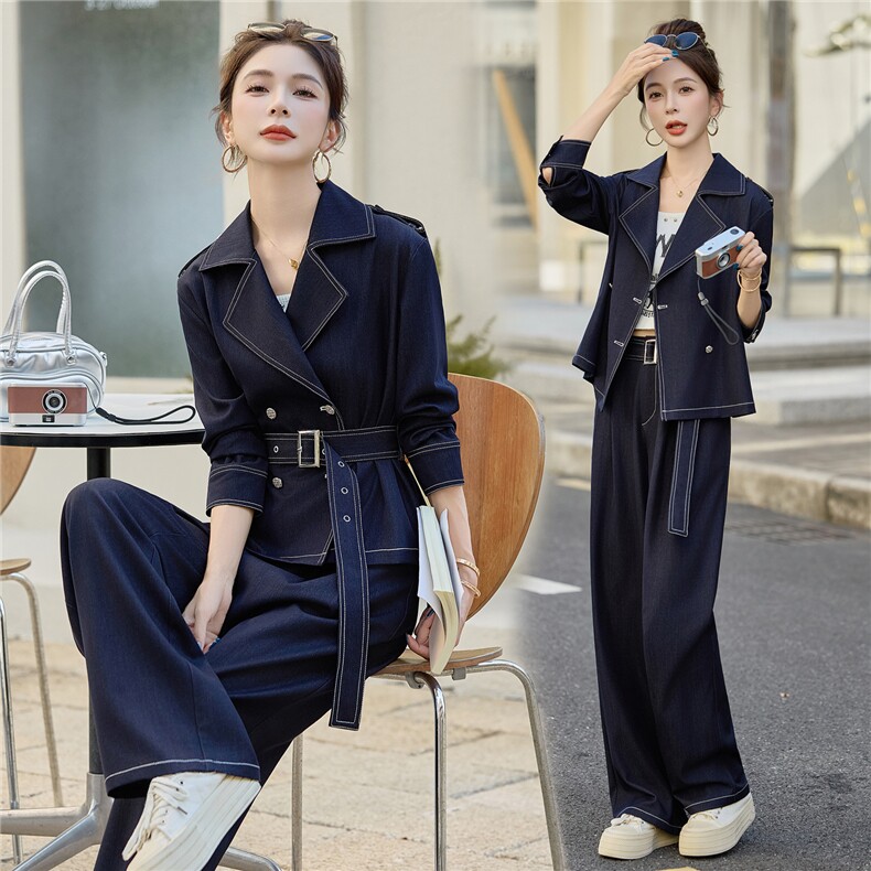 （新款现货）2026春装时尚双排扣肩章天丝牛仔阔腿裤套装(配腰带,女装套装/套裙,印象茜
