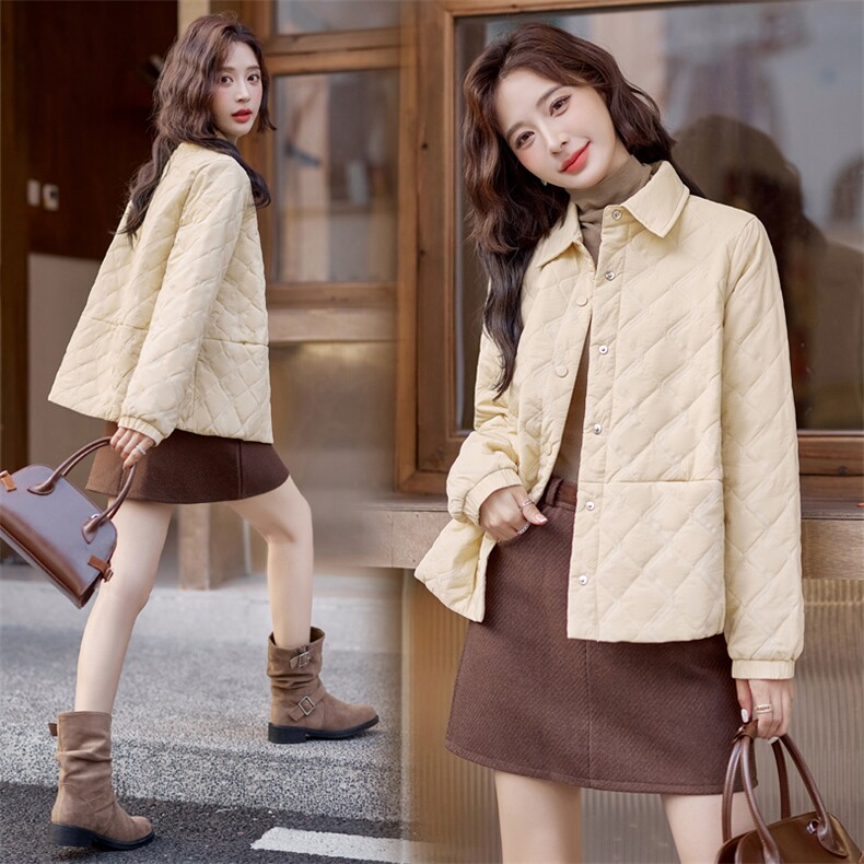 菱格夹棉保暖翻领棉服女短款2025冬季新款气质轻薄小棉袄棉衣外套，女装棉衣/棉服，梦懿尔