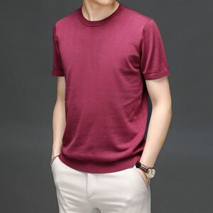 M916050 2021夏季新款桑蚕丝T恤衫男纯色透气短袖白搭男装图片