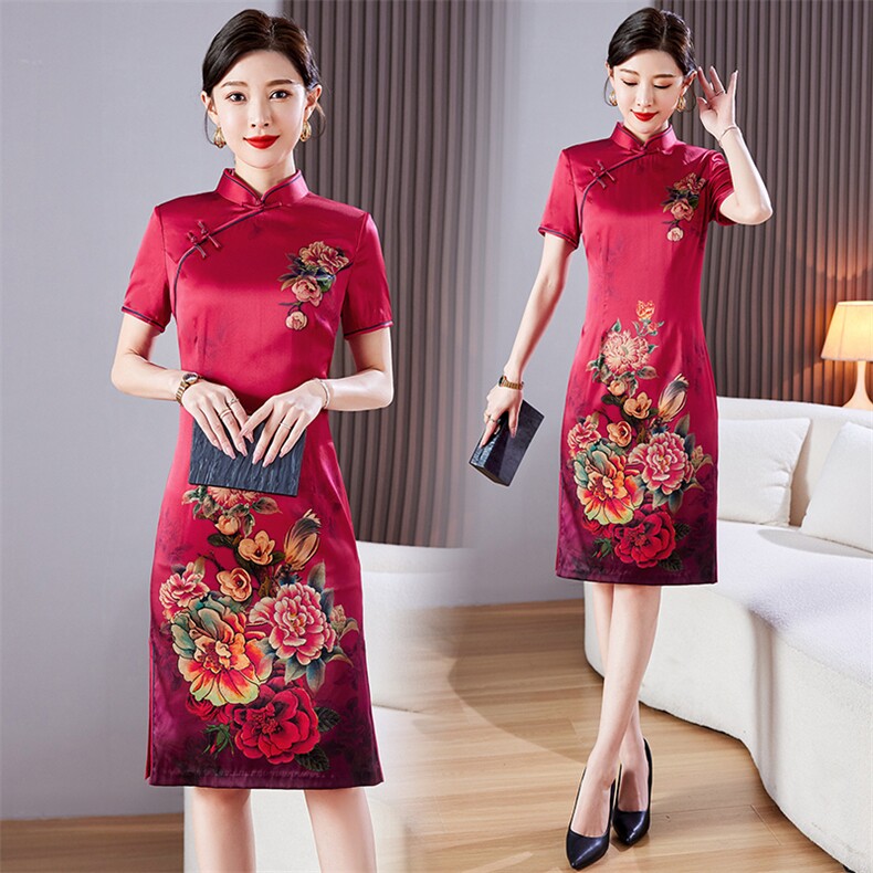 2024春夏季新款高奢时尚盘扣中长款专柜品质真丝旗袍婚礼喜婆婆，女装汉服/婚纱/旗袍/礼服，小荷流