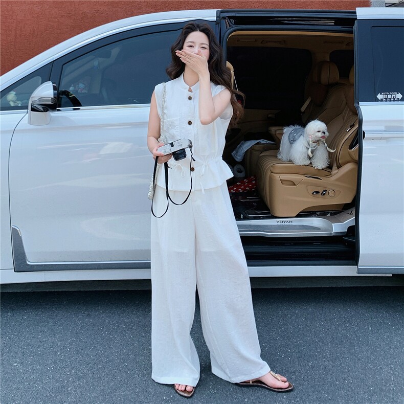 轻熟气质套装裤女2026夏季新款高级感刺绣无袖马甲阔腿裤两件套，女装套装/套裙，流量+