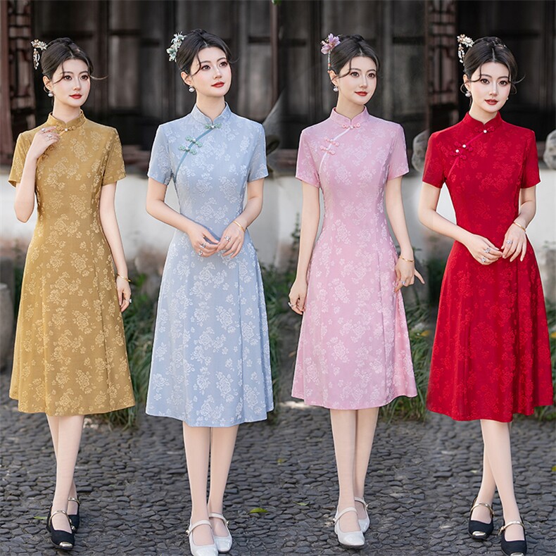 新中式风提花立领盘扣修身改良旗袍连衣裙（有弹力）2502P120,女装汉服/婚纱/旗袍/礼服,乐衣轩