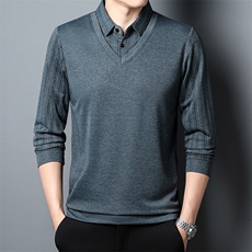 2023秋季新款中年商务休闲薄款假两件针织衫男士长袖薄款上衣男装，男装针织衫/毛衣，电商B212（原钱塘6029）