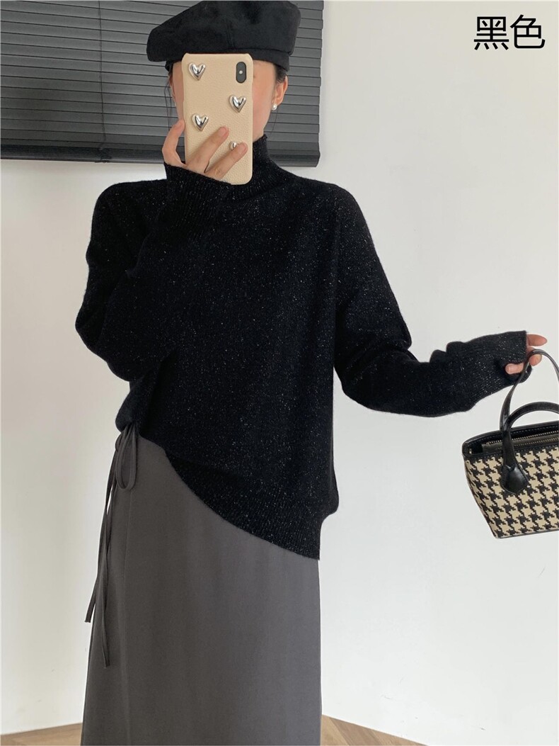 时尚百搭女士秋冬羊毛衫纯色简约高领长袖显瘦针织衫,女装羊毛衫,牧思羊