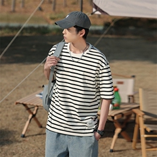 夏季新圆领条纹T恤衫男士半袖日系潮牌男装宽松短袖t恤TX166-P45，男装T恤，星座1109-1