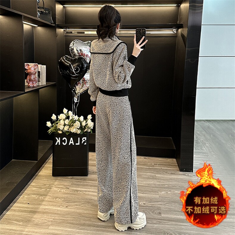 女秋冬加绒拼接短款外套直筒裤两件套,女装套装/套裙,江南