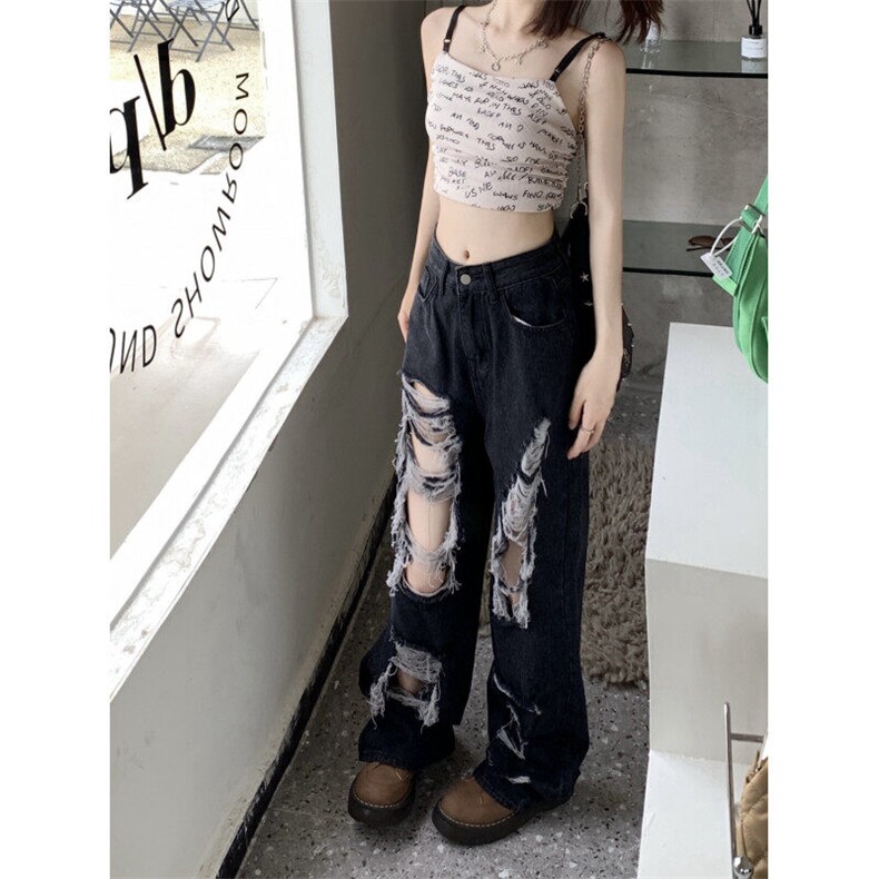 7880-P45优质版嘻哈设计感破洞牛仔裤女新款宽松直筒阔腿裤,女装牛仔裤,电商A306A