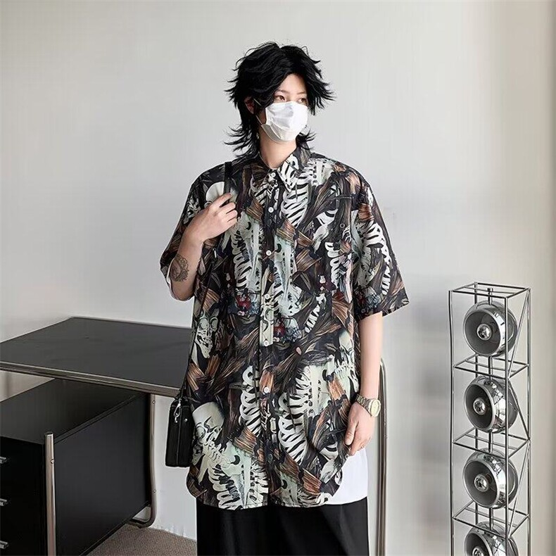 2025夏季新款男式短袖纽扣衬衫休闲印花夏威夷风格C845,男装T恤,星座1108
