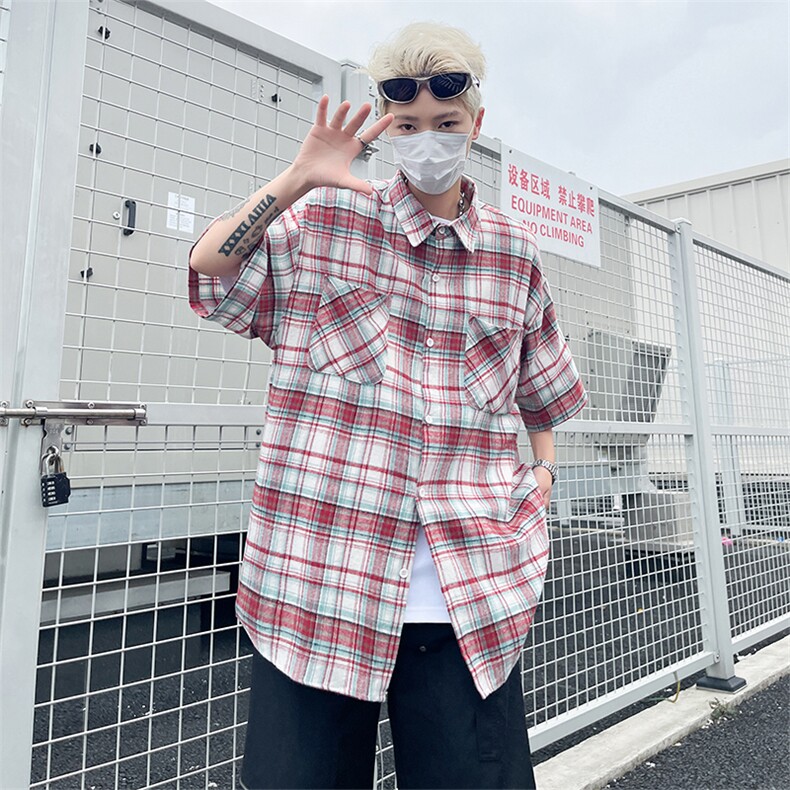 格子衬衫男士韩版潮流短袖痞帅文艺2024夏季新款ins外套CY773-P32,男装衬衫,星座412-2