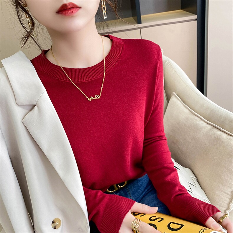 小圆领2025春秋装新款韩版显瘦套头女士针织打底上衣潮,针织衫/毛衣,佑烨羊绒