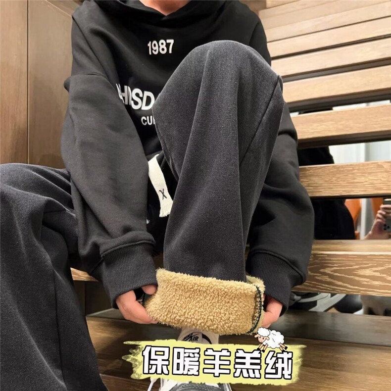 复古羊羔绒牛仔裤男直筒宽松冬款加厚阔腿裤高街裤子男88064-P63,男装牛仔裤,星座1008