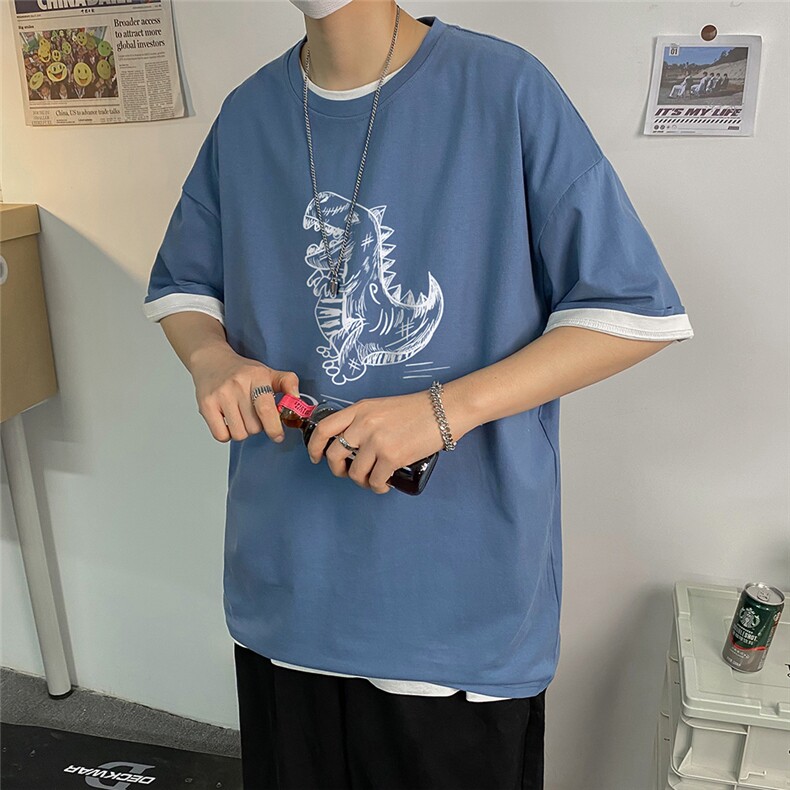 港风中性夏新款小恐龙印花宽松圆领短袖上衣男T40P25控38,男装T恤,电商A268A