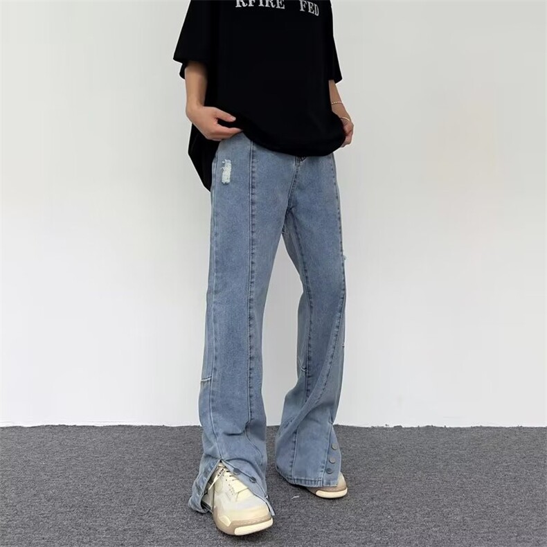 欧美风高街刺绣排扣开叉牛仔裤男女宽松潮嘻哈炸街长裤N0889-P43图片
