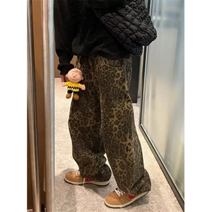 高街休闲复古宽松水洗豹纹男女款牛仔弯刀长裤春秋长裤男 KN98图片